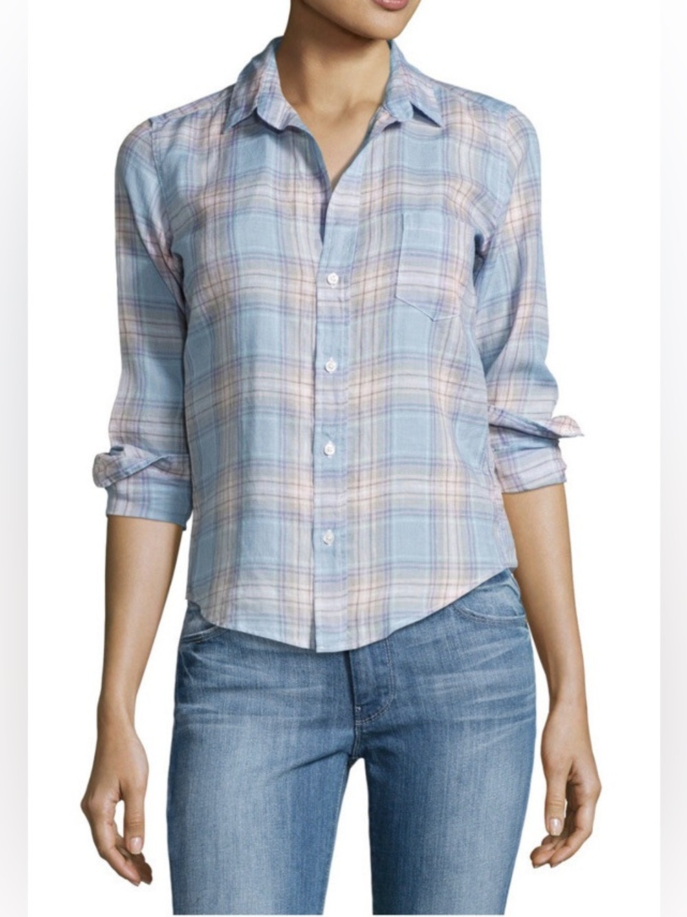 NWOT Frank & Eileen Barry Classic Linen Button Down Shirt Blue Pink Plaid Small